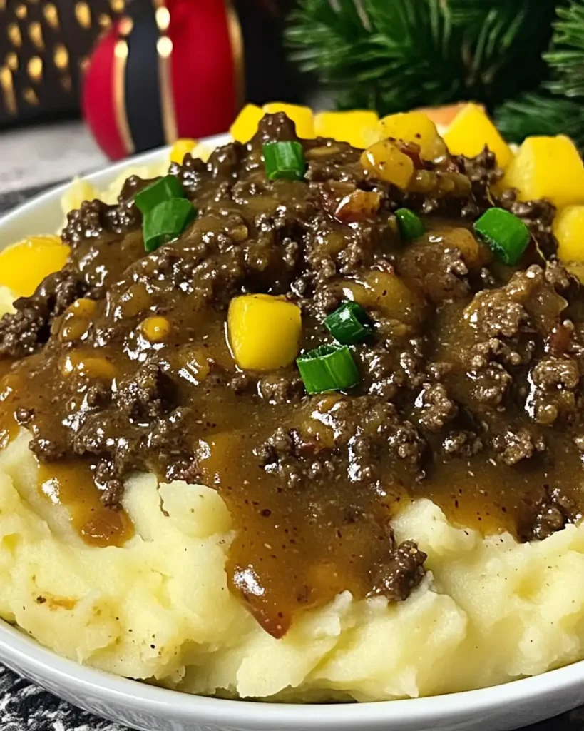 Savoury Ground Beef and Gravy Over Creamy Mashed Potatoes