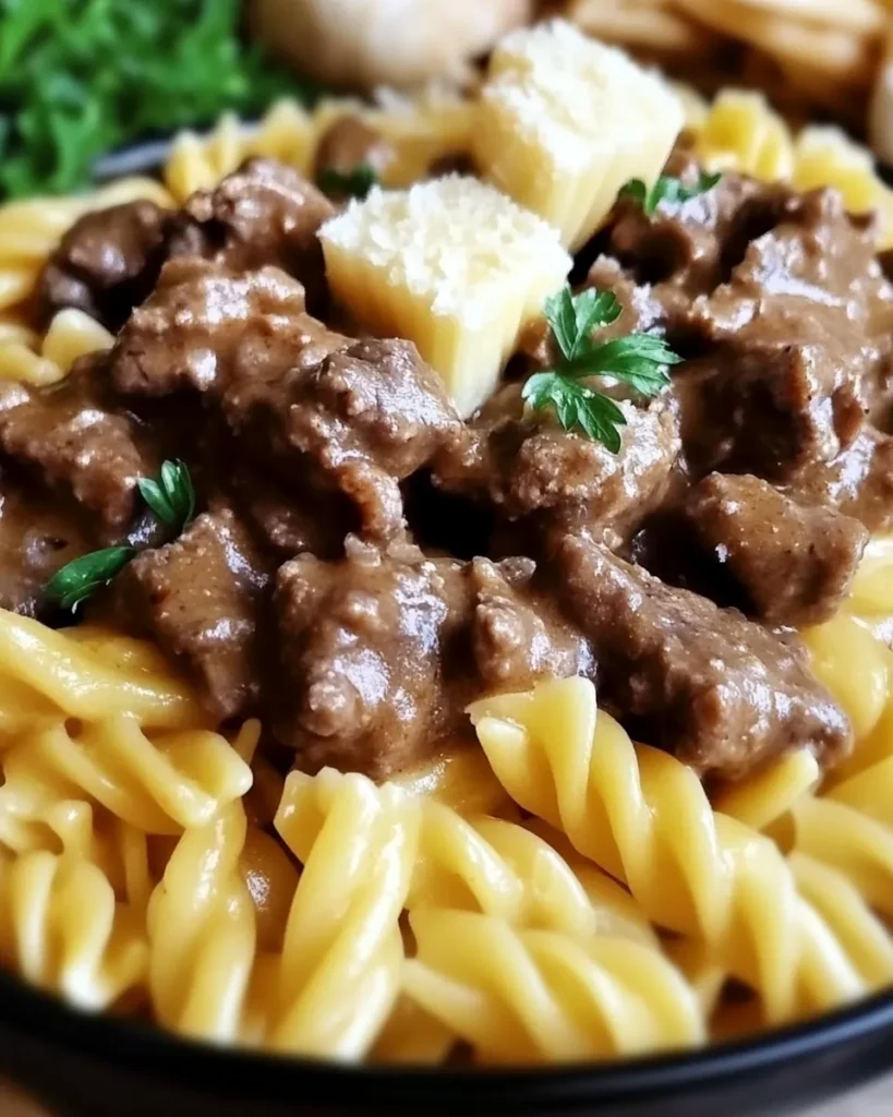 Slow Cooker Creamy Garlic Beef Pasta