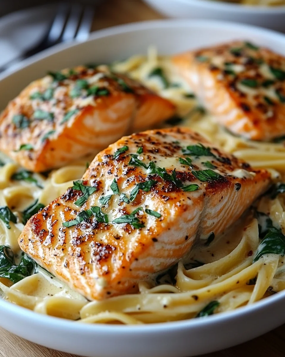 Garlic Butter Salmon with Creamy Spinach Linguine Recipe - additional image