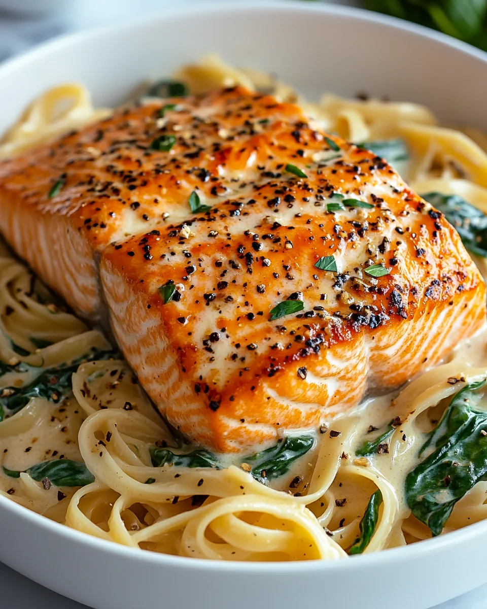 Garlic Butter Salmon with Creamy Spinach Linguine Recipe - additional image