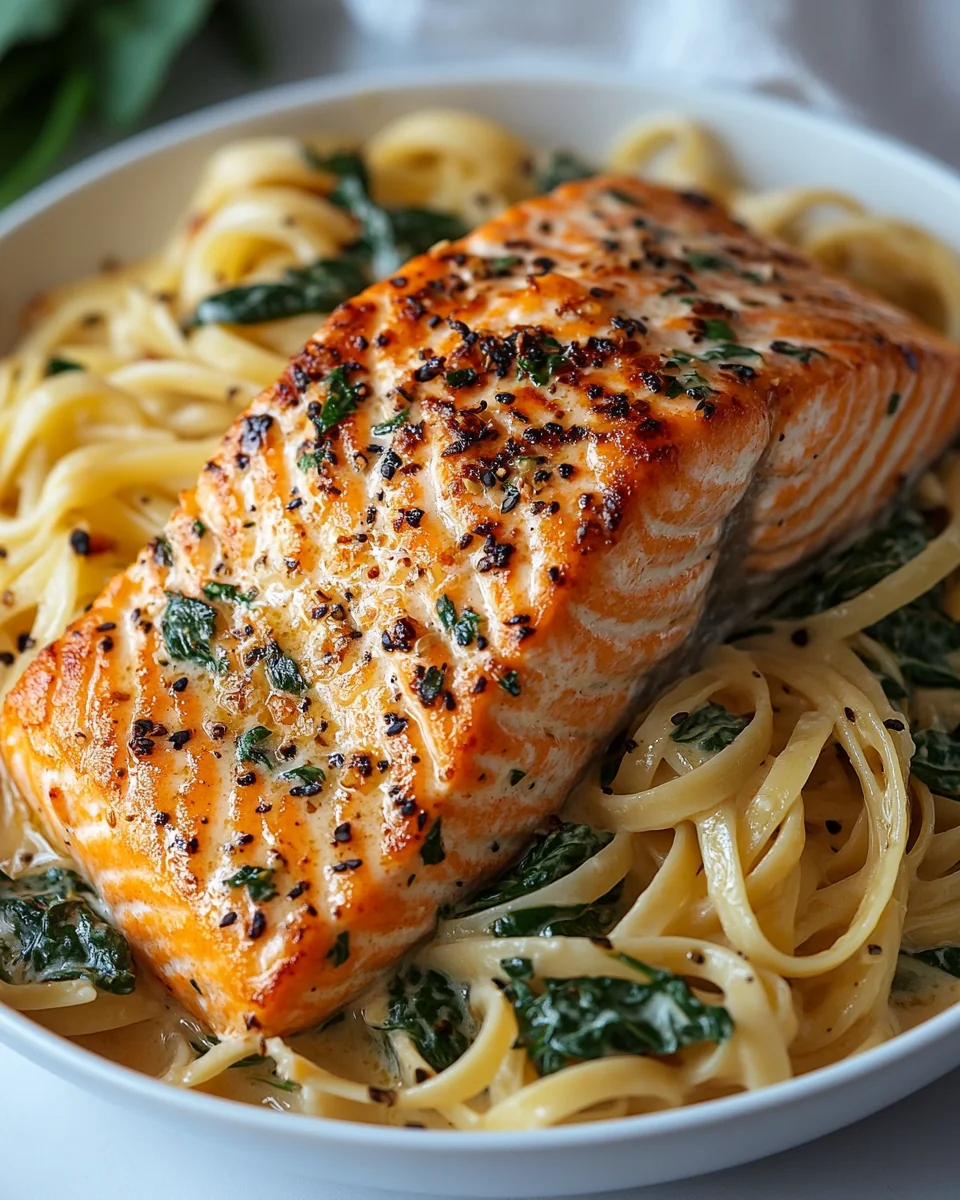 Garlic Butter Salmon with Creamy Spinach Linguine Recipe - additional image