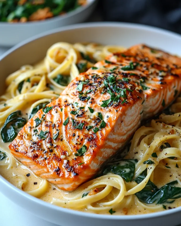 Garlic Butter Salmon with Creamy Spinach Linguine Recipe
