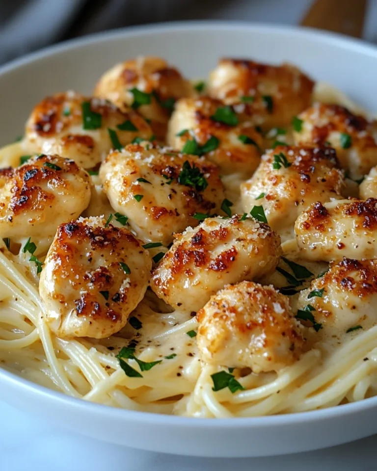 Garlic Chicken Bites Over Creamy Parmesan Pasta Delight