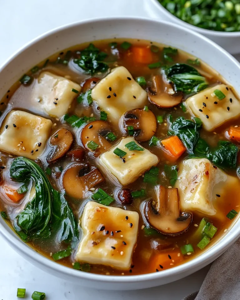 Savory Potsticker Soup with Fresh Mushrooms and Bok Choy